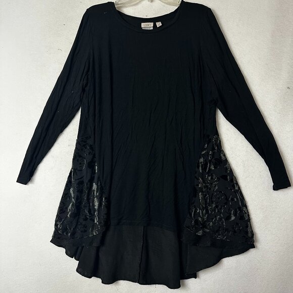 Logo By Lori Goldstein blouse shirt sz 1X Tunic with Burnout crushed Velvet trim - Picture 1 of 9